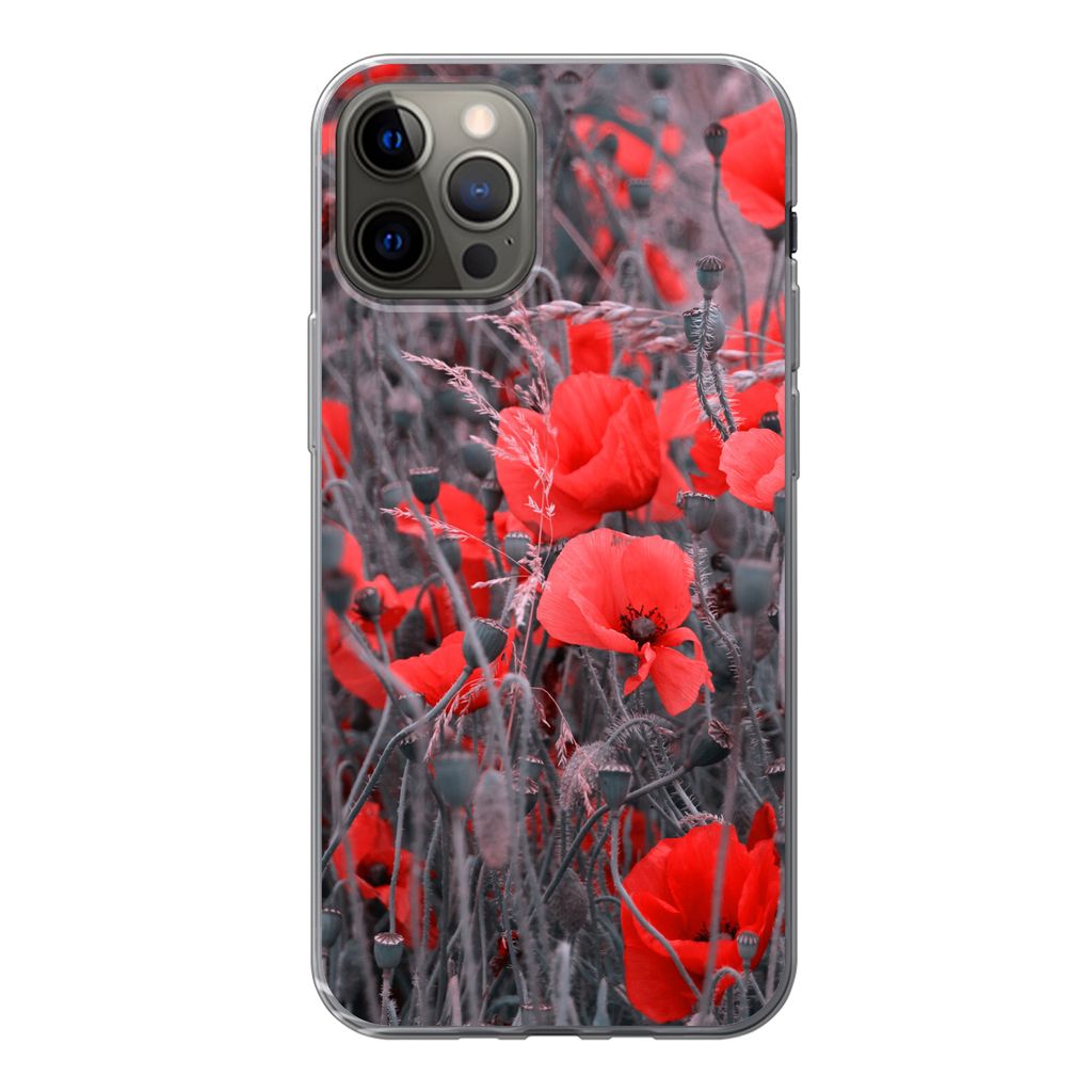 MuchoWow Handyhülle Schutzhülle Hülle für iPhone 12 Pro Rote Mohnblumen in einem Schwarz-Weiß-Bild Silikon Softcase Handy Hülle - Abdeckung