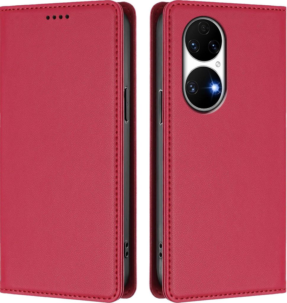 Handyhülle für Huawei P50, Kunstleder Klapphülle Stoßfeste Magnetische Hülle mit Ständer Rot