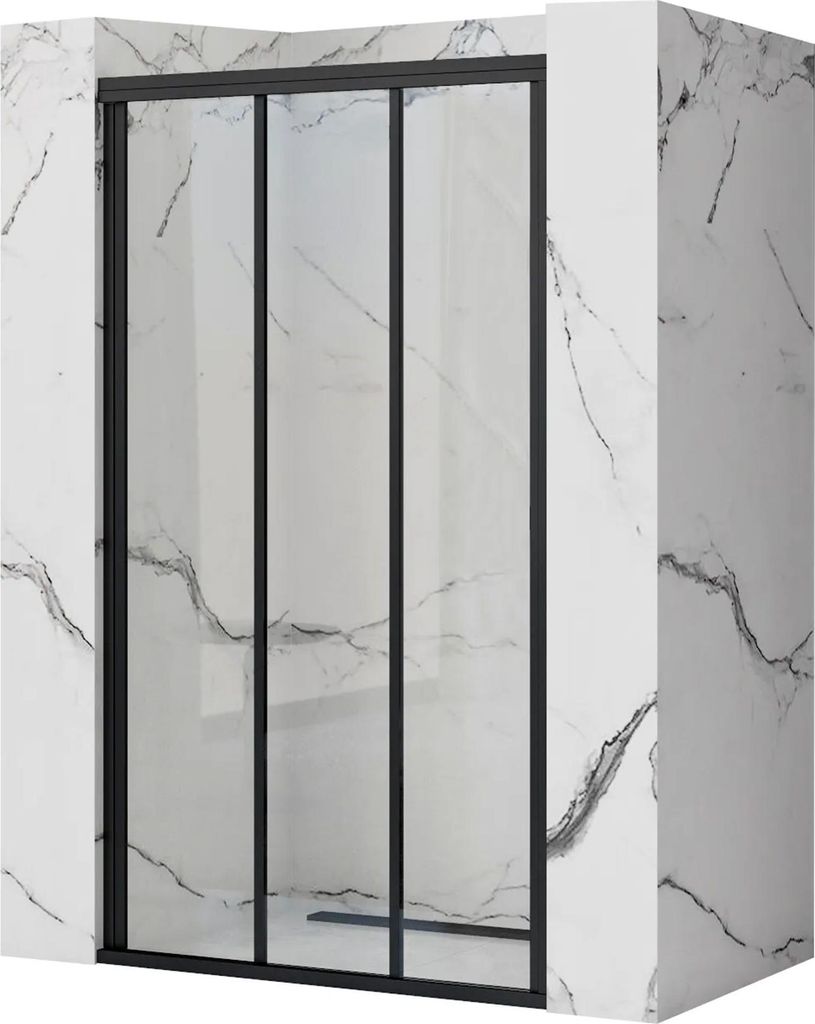 A shower door with a black frame and clear glass panels, set against a marble-patterned wall.