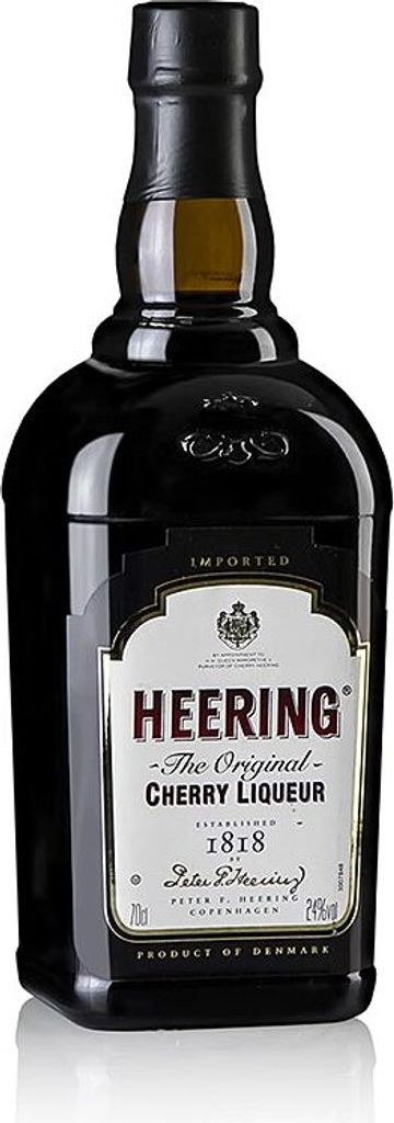 A bottle of cherry liqueur on a white background.