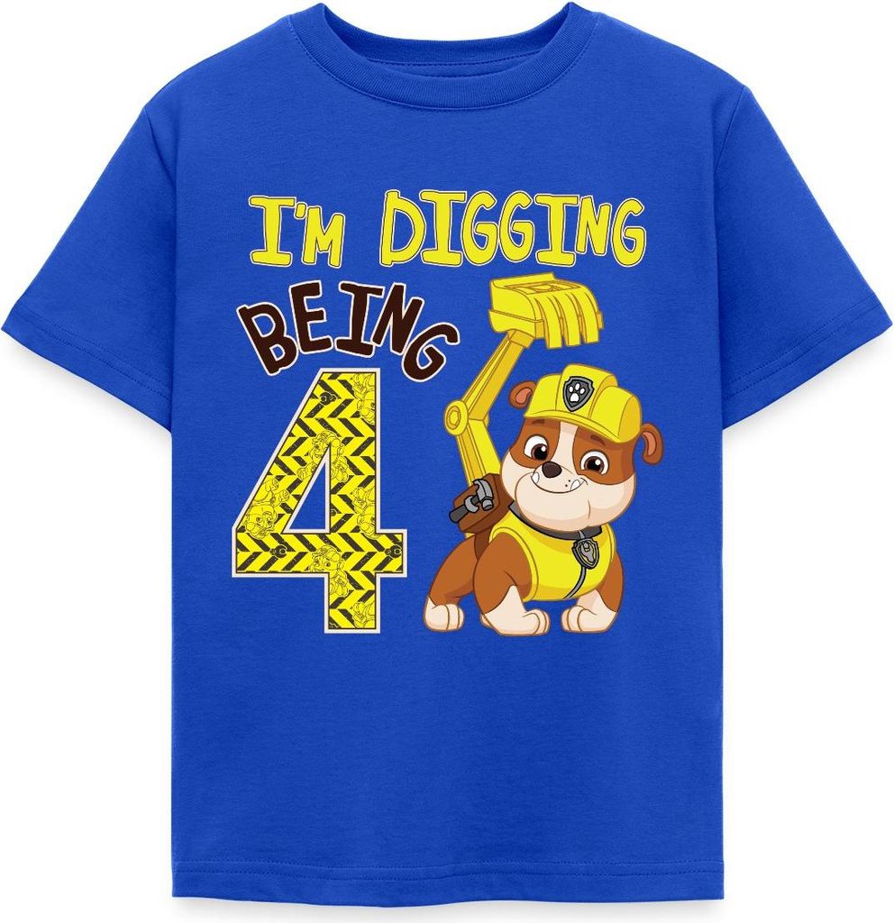 Spreadshirt Paw Patrol Rubble 4. Geburtstag Kinder T-Shirt, 98/104 (3-4 Jahre), Royalblau