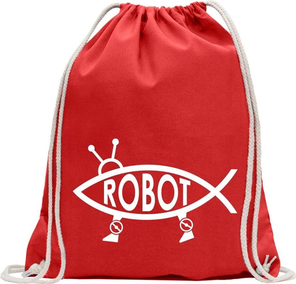 Kiwistar - Turnbeutel - rot - Robot Fisch - Fun Rucksack Sport Beutel Gymsack Baumwolle mit Ziehgurt