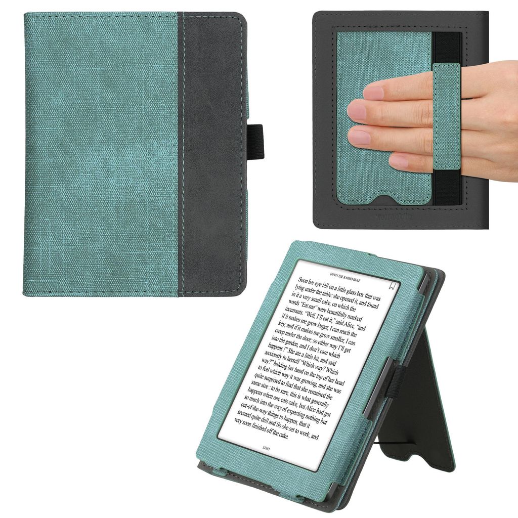 kwmobile Flip Hülle kompatibel mit Kobo Aura Edition 1 - Handschlaufe - Cover Mintgrün Dunkelgrau