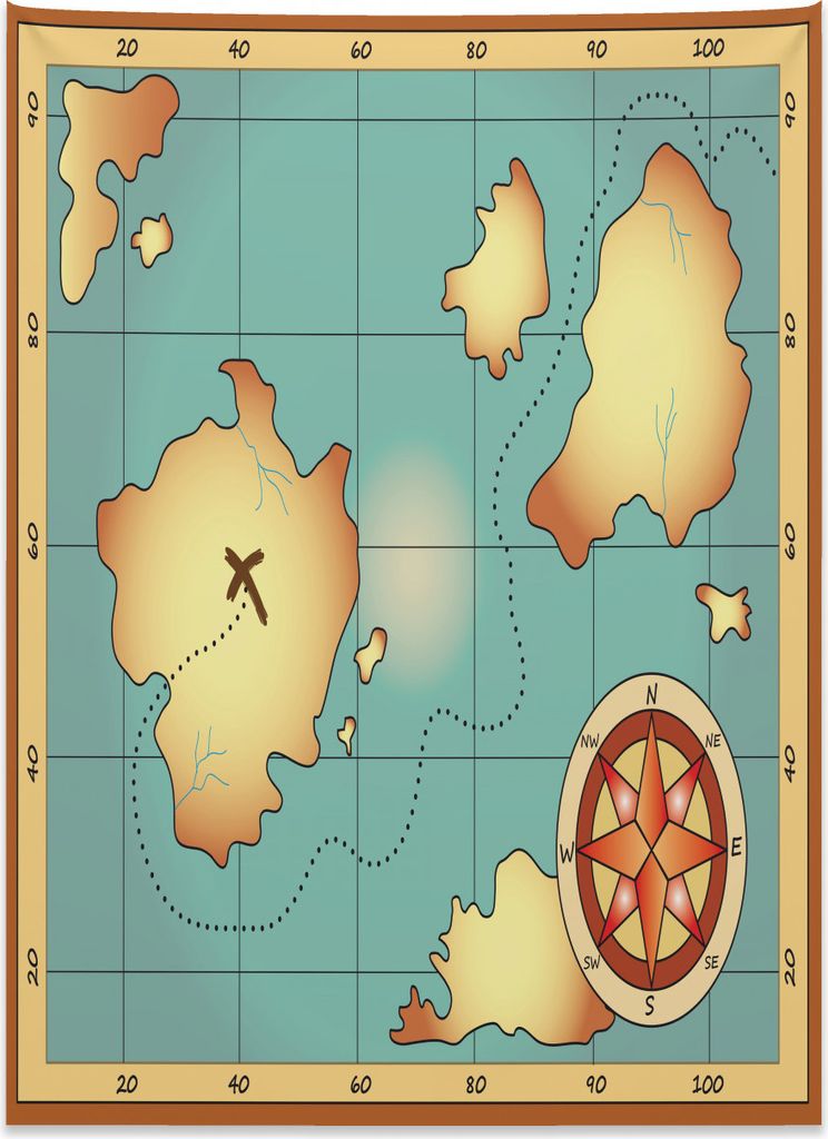 Abakuhaus Karte Wandteppich, Alter Schatz-Kompass aus Weiches Mikrofaser Stoff Kein Verblassen Klare Farben Waschbar, 110 x 150 cm, Creme Blau