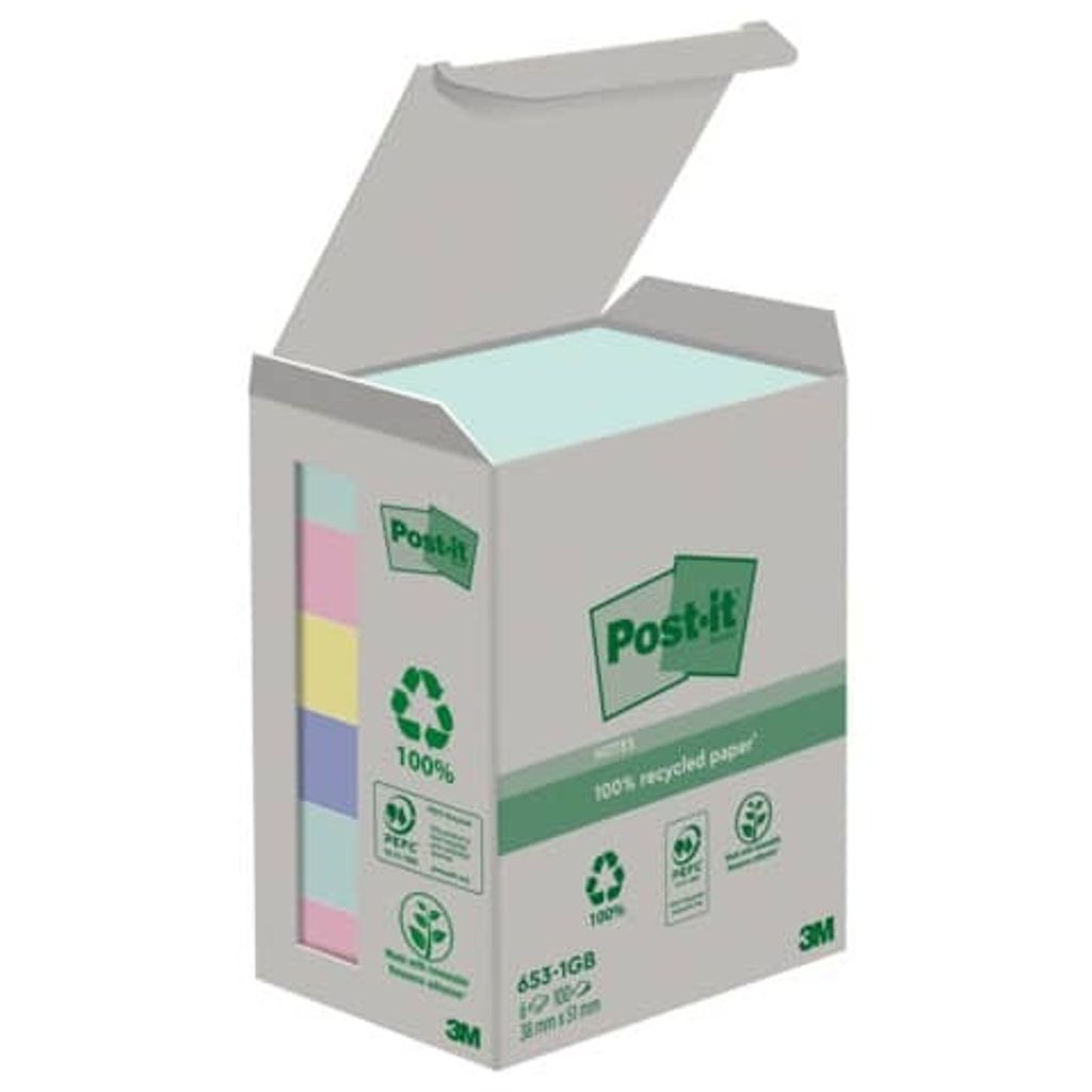 Post-it Haftnotizen Recycling 38 x 51 mm 6-farbig 6 Blöcke Produktbild 