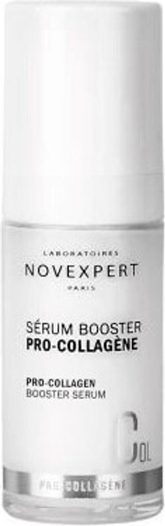 A white bottle of Novexpert Pro-Collagen Booster Serum against a white background.