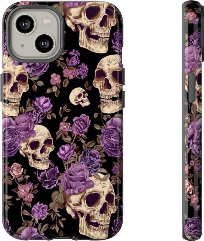 Lila Rosen und Totenköpfe – Hülle Kompatibel mit iPhone 14