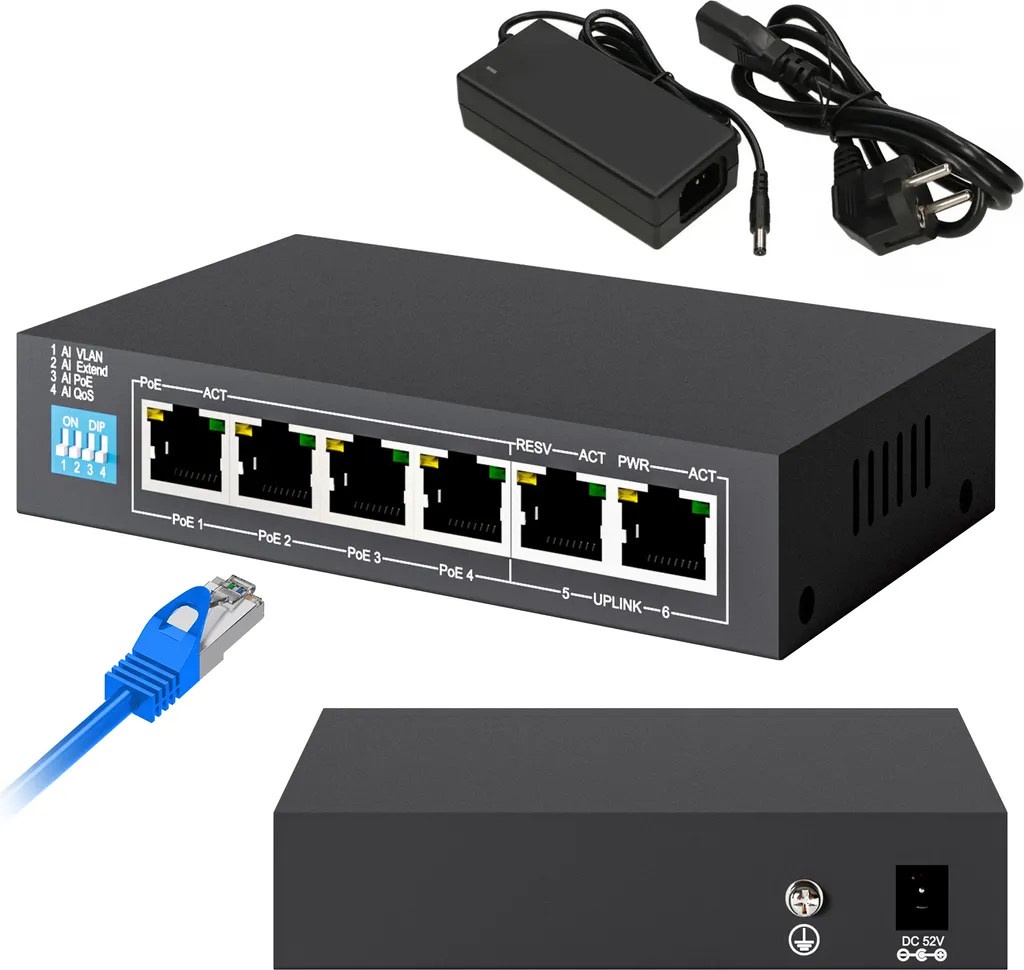 Extralink KRIOS Commutateur PoE Gigabit 4 Ports 60W et 2 Uplink RJ45