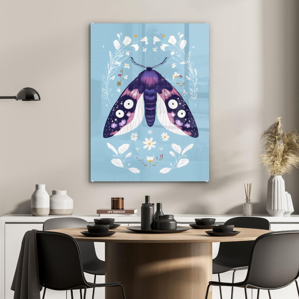 MuchoWow Glasbilder - Bilder auf Wandbild - Foto auf Glas Blätter - Weiß - Schmetterling - Insekt 60x80 cm Wanddekoration aus Glas - Acrylglasbil...