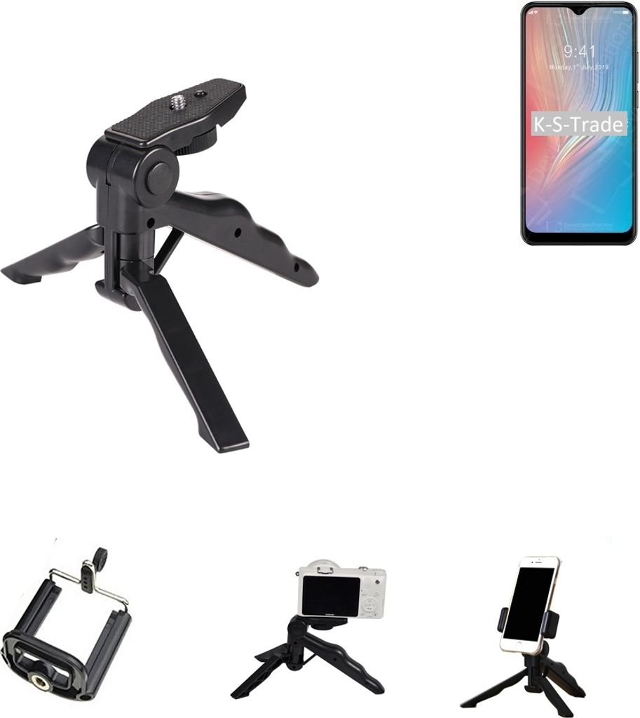 K-S-Trade Stativ Tisch-Ständer Dreibein Handy-Stativ Ständer kompatibel mit HTC Wildfire X Mini-Stativ Smartphone Tripod Handy-Stativ aus Plastik