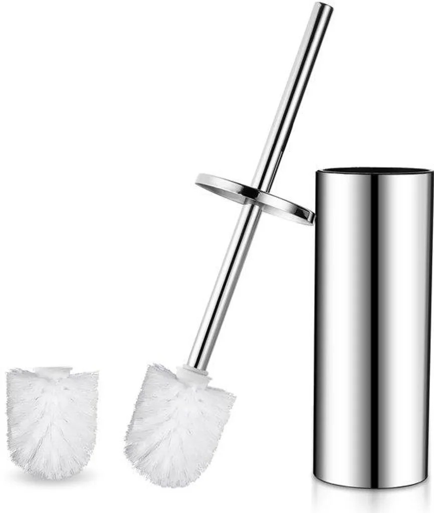 Brosse WC robuste acier inoxydable argent et têtes blanches de rechange
