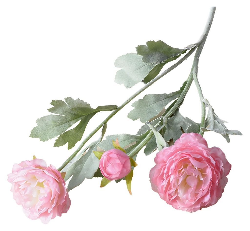 Künstlicher Ranunkelstrauß aus Kunstseide mit 2 voll erblühten Köpfen und 1 Knospe für Blumenarrangements, Hochzeits- und Event-Tischdekorationen