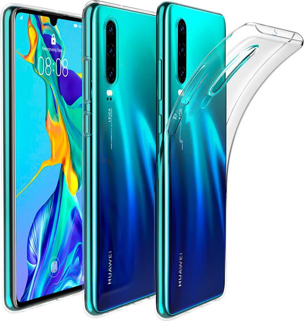 Three Huawei P30 phones are shown, two with their backs facing the camera, and one with its front facing the camera. A clear phone case is draped over the back of one of the phones.