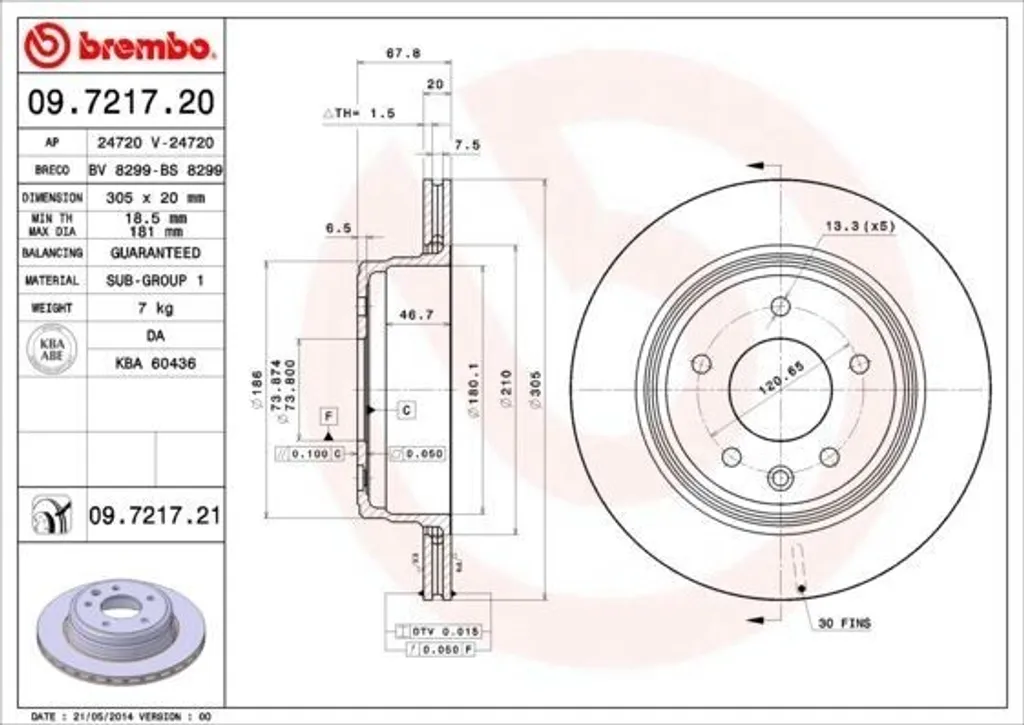 Disque de frein pour restauration Jaguar XJ X308 et XK8 Brembo 09721721