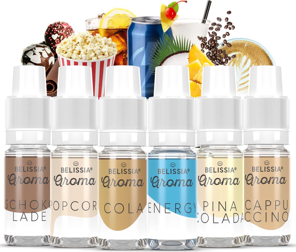 Belissia Lebensmittelaroma Set Besondere Geschmackserlebnisse - 6x10ml Hochdosiertes Aroma - Kalorienfrei, Vegan - Für Speisen, Getränke, Shake uvm.