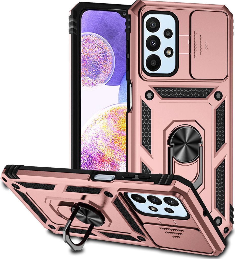 Galaxy A23 4G Hülle mit Schiebe Kamera Schutz und Ringhalter Ständer Robust Rüstung Schutzhülle für Samsung Galaxy A23 4G Rosa