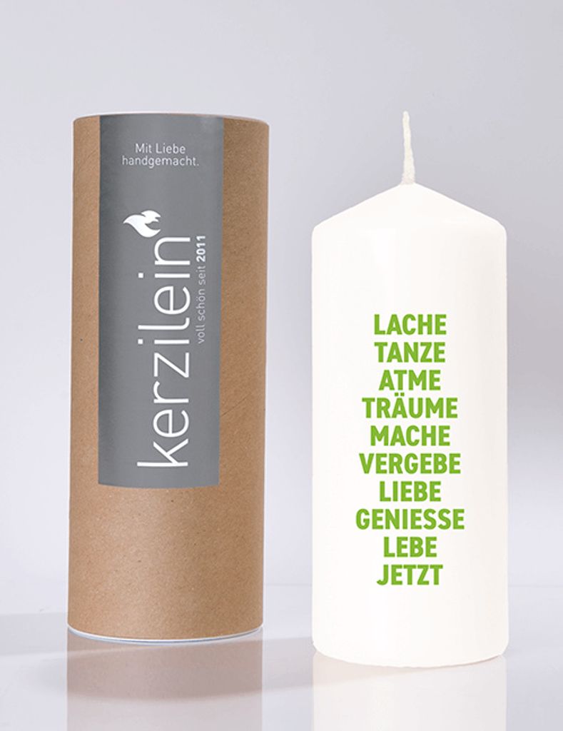 Flamme, weiß/neon grün "LACHE, TANZE, ATME, TRÄUME, MACHE, VERGEBE, LIEBE, GENIESSE, LEBE, JETZT."