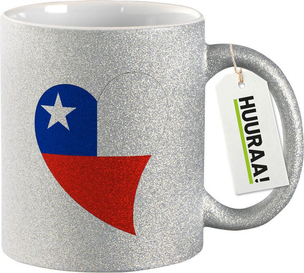 Huuraa Glitzertasse Chile Flagge Herz 330ml Silber Keramik Kaffeebecher Geschenkidee