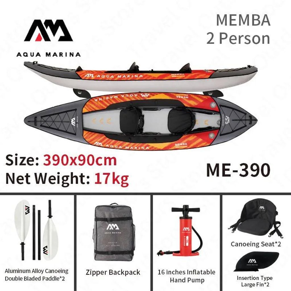 MEMBA aufblasbares Kajak - ME-390 2-Personen Kanu - 390x90 cm - 2+1 Luftkammern - 230 cm Paddel - für Angeln und Touring