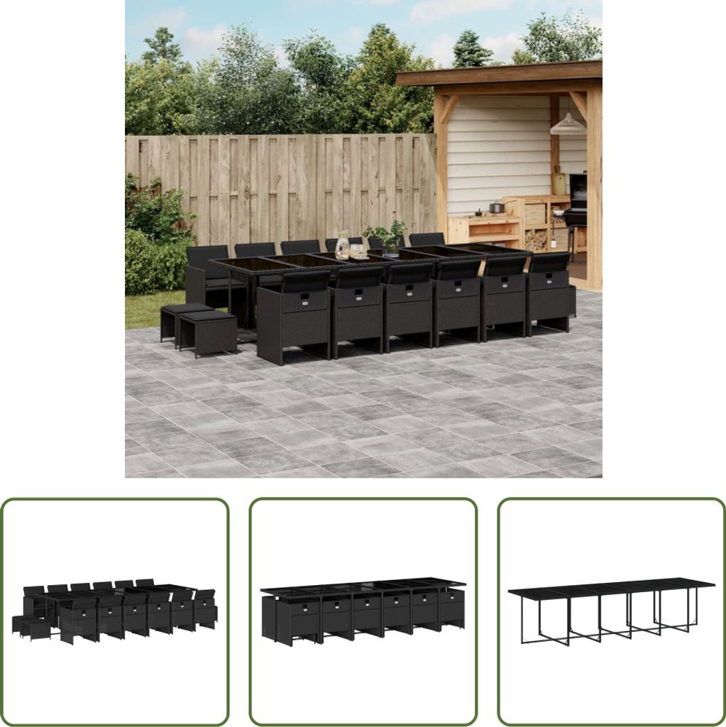 The Living Store 17-tlg. Garten-Essgruppe mit Kissen Schwarz Poly Rattan