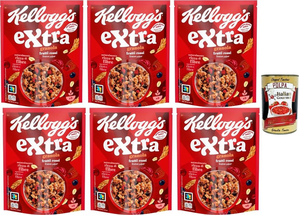 Knusper-Granola Früchte Müsli 6 x 375 g – rote Beeren, ballaststoffreiches Frühstücks-Cerealien Set Vorratspackung + Italian Gourmet polpa