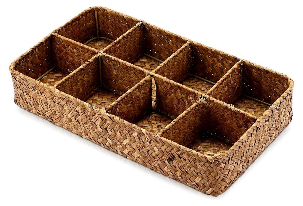 Teebeutelablage aus Seegras mit 8 Fächern, Organizer für Kaffeebeutel, Zuckerbeutel und Gewürzbeutel, 34,5 x 20 x 6 cm, Karamellfarben