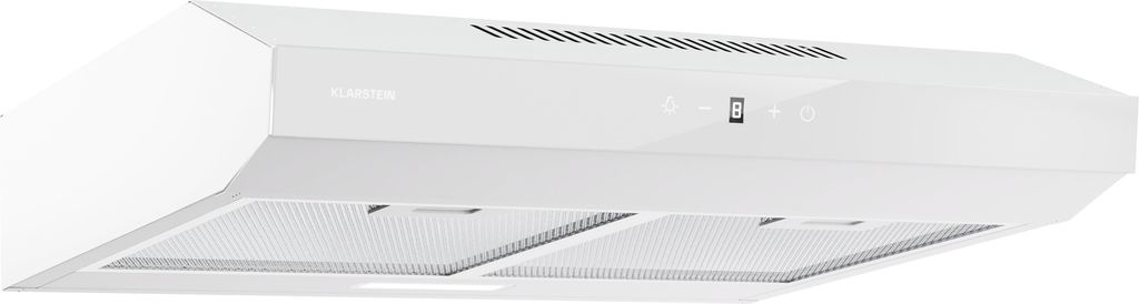 A white range hood with a metallic vent on top and a digital display.