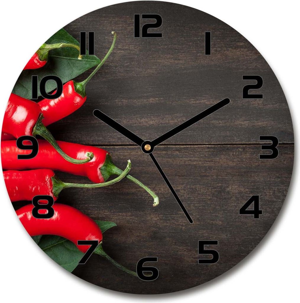 Wanduhr aus Glas 30fi Glasbild Glasuhr Gehärtetes Glas - schwarze-zeiger - Chilli peppers