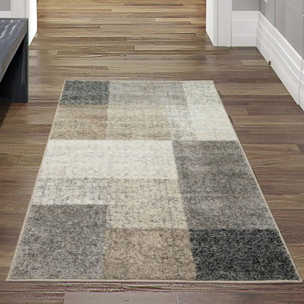 Moderner Wohnzimmerteppich mit quadratischen Mustern grau beige Größe - 80x140 cm