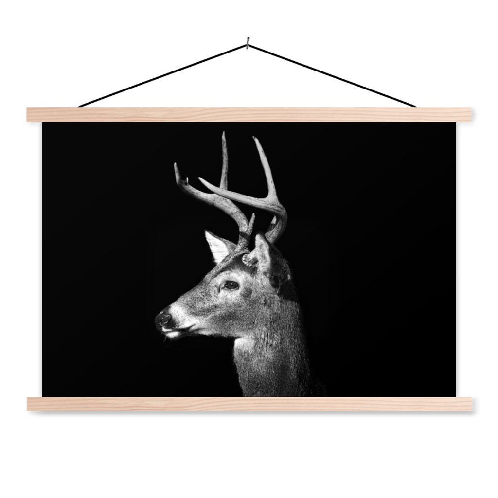 MuchoWow Textilposter Tierprofil Hirsche in schwarz und weiß 60x40 cm mit holzfarbenen Rahmen - Bilder