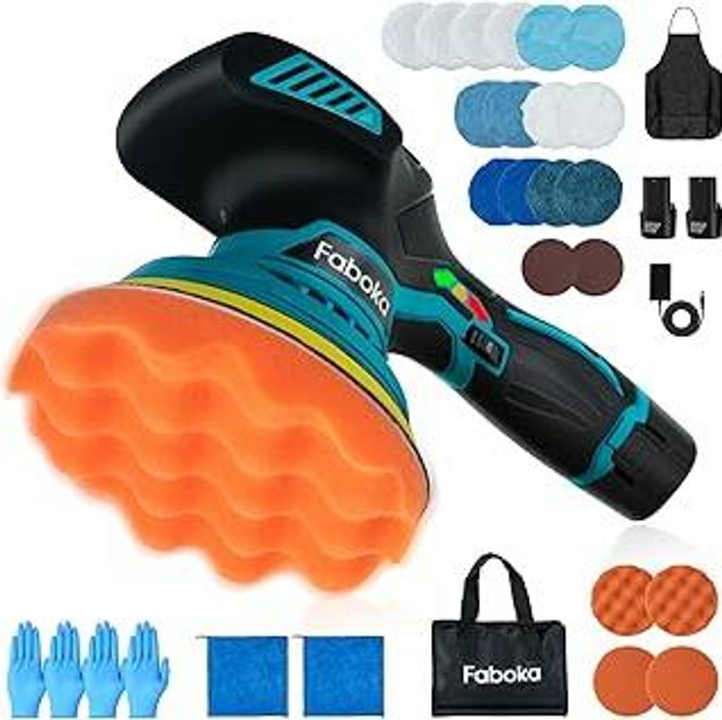 FABOKA Poliermaschine Auto Akku, 12V Exzenter Poliermaschine mit 25PCS Aufsätze und 2PCS 2.0Ah Batterie, Akku Wachsmaschine 6 Variable Geschwindig...