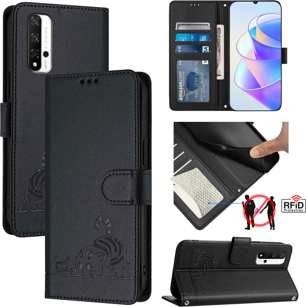 Leder Hülle für Honor 20 /Honor 20 Pro Süße Katze Flip Case Brieftasche Schutzhülle mit Standfunktion Schwarz
