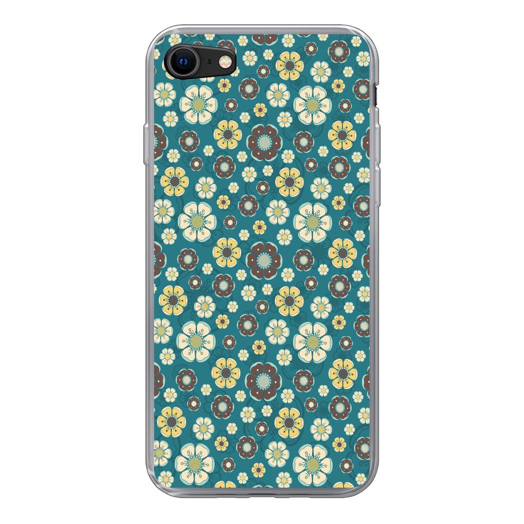 MuchoWow Handyhülle Schutzhülle Hülle für iPhone SE 2022 Retro - Blumen - Muster - Blau Silikon Softcase Handy Hülle - Schutzhülle