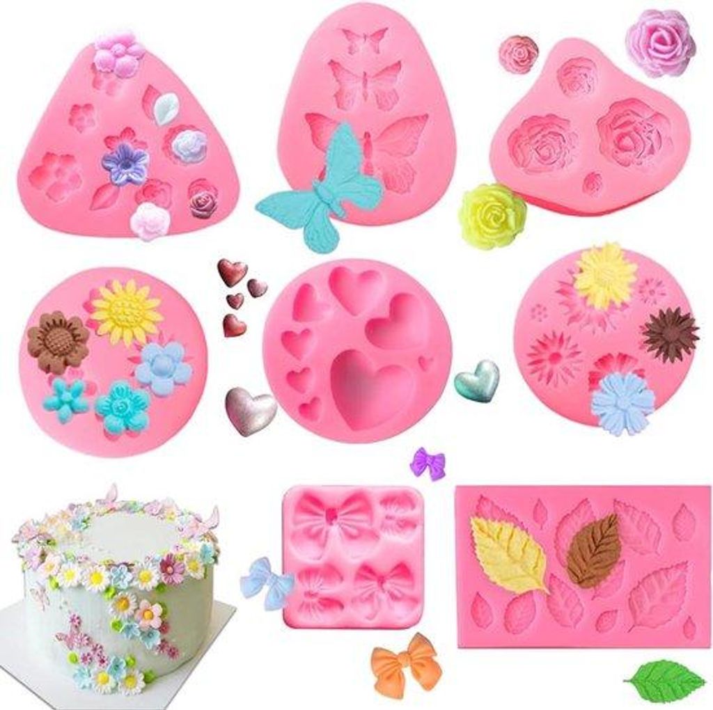 Silikonformen Blumen klein 3D Fondant - Rose Schmetterling Blätter Herzförmig Bogen - Kuchen Schokolade Seife