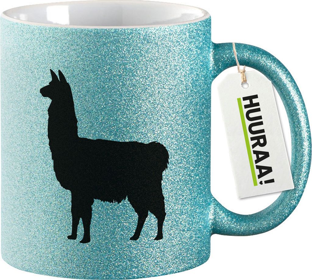 Huuraa Glitzertasse Lama Silhouette 330ml Blau Keramik Kaffeebecher Geschenkidee