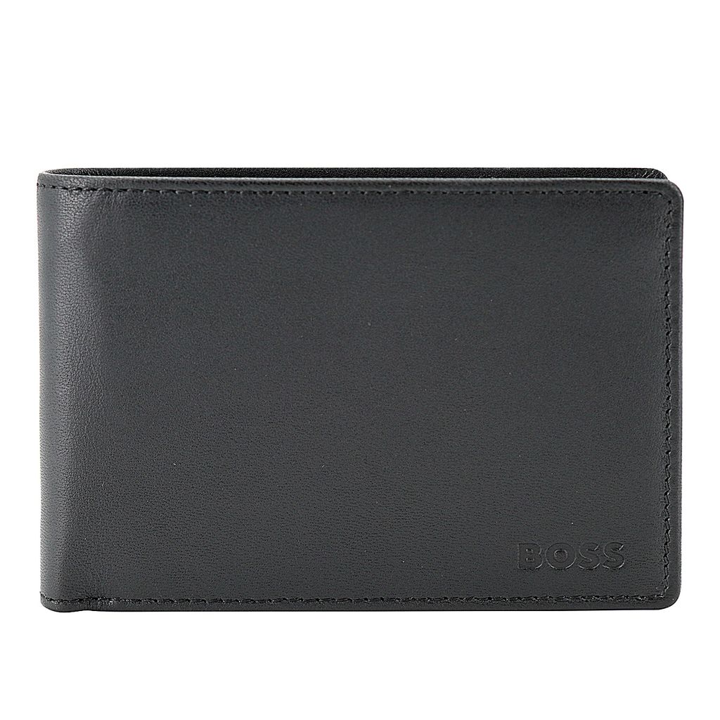 A black leather BOSS wallet is shown flat against a white background.