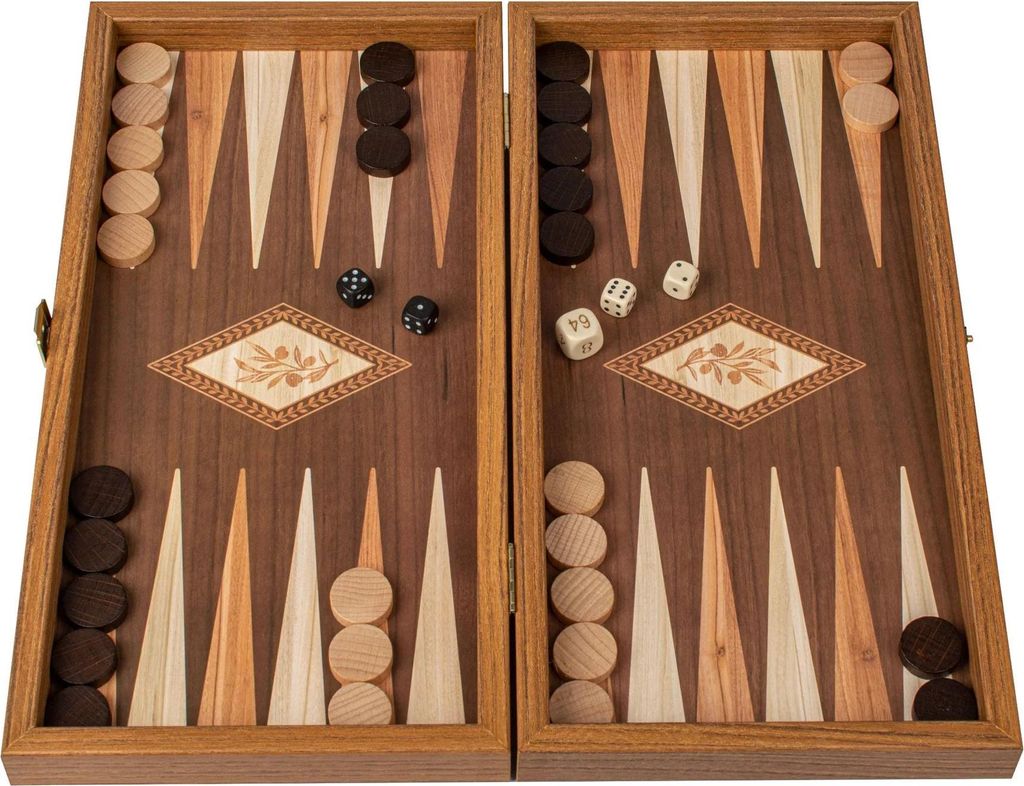 Manopoulos Backgammon Set – Olivenzweig-Design & Wenge-Optik – Medium (38x20 cm)