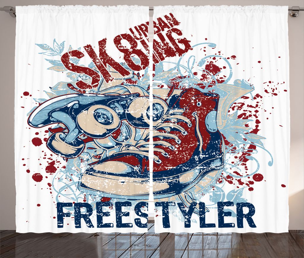 ABAKUHAUS Blau Rot Rustikaler Vorhang, Skateboard Urban Sport, Wohnzimmer Universalband Gardinen mit Schlaufen und Haken, 280 x 225 cm, Blau Rot
