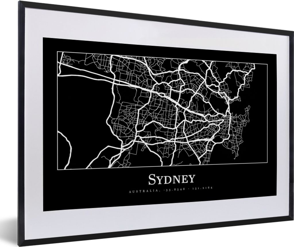 MuchoWow Gerahmtes Poster Karte - Sydney - Stadtplan 60x40 cm - Poster mit Schwarzem Bilderrahmen Wandposter Rahmen Foto Bilder - Schlafzimmer - ...