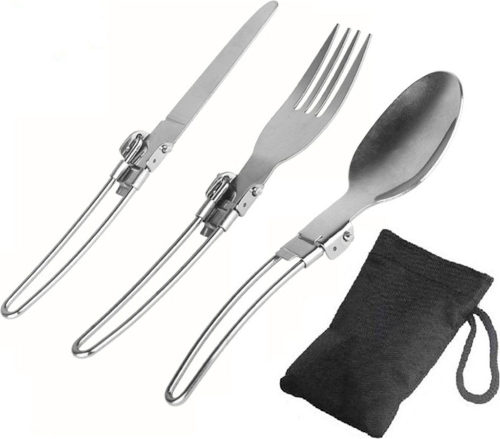 3-teiliges Klapplöffel-Gabel-Schneider-Set aus Edelstahl, faltbarer Griff, rostfreies Besteck für Camping, Picknick, Küche, Outdoor-Geschirr, Su...