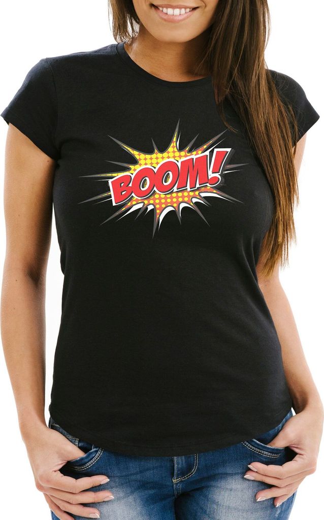 Damen T-Shirt Comic Boom Slim Fit Moonworks schwarz XXL