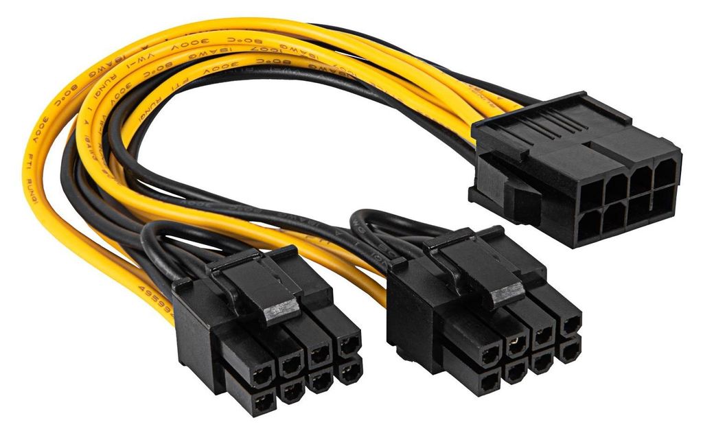 A computer power adapter cable with black and yellow wires and black connectors.