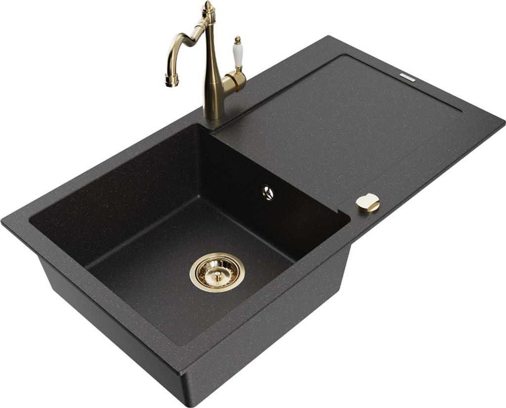 Mexen Leo 1 Becken-Granitspüle mit Abtropffläche und Mischbatterie Carla, Schwarz/Silbermetallic - 6501-73-670700-50