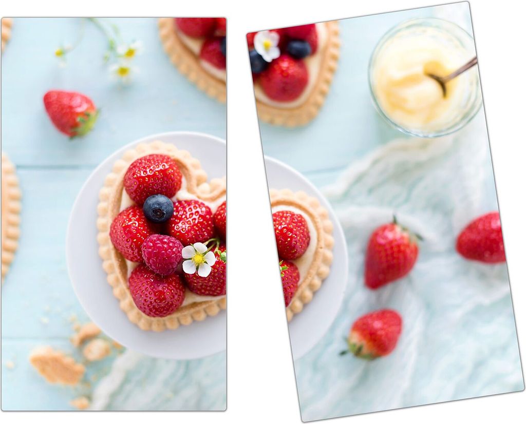 Spritzschutz Herdabdeckplatte Schneidebrett aus Glas Herz Tarte mit Beeren 2-Teilig (60x52cm)