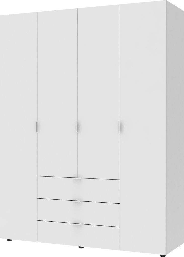 A white four-door wardrobe with three drawers below the doors.
