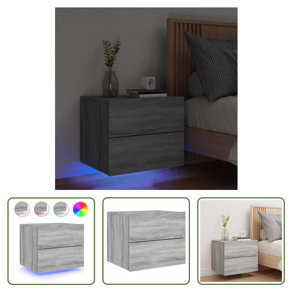 The Living Store Wand-Nachttisch mit LED-Leuchten Grau Sonoma