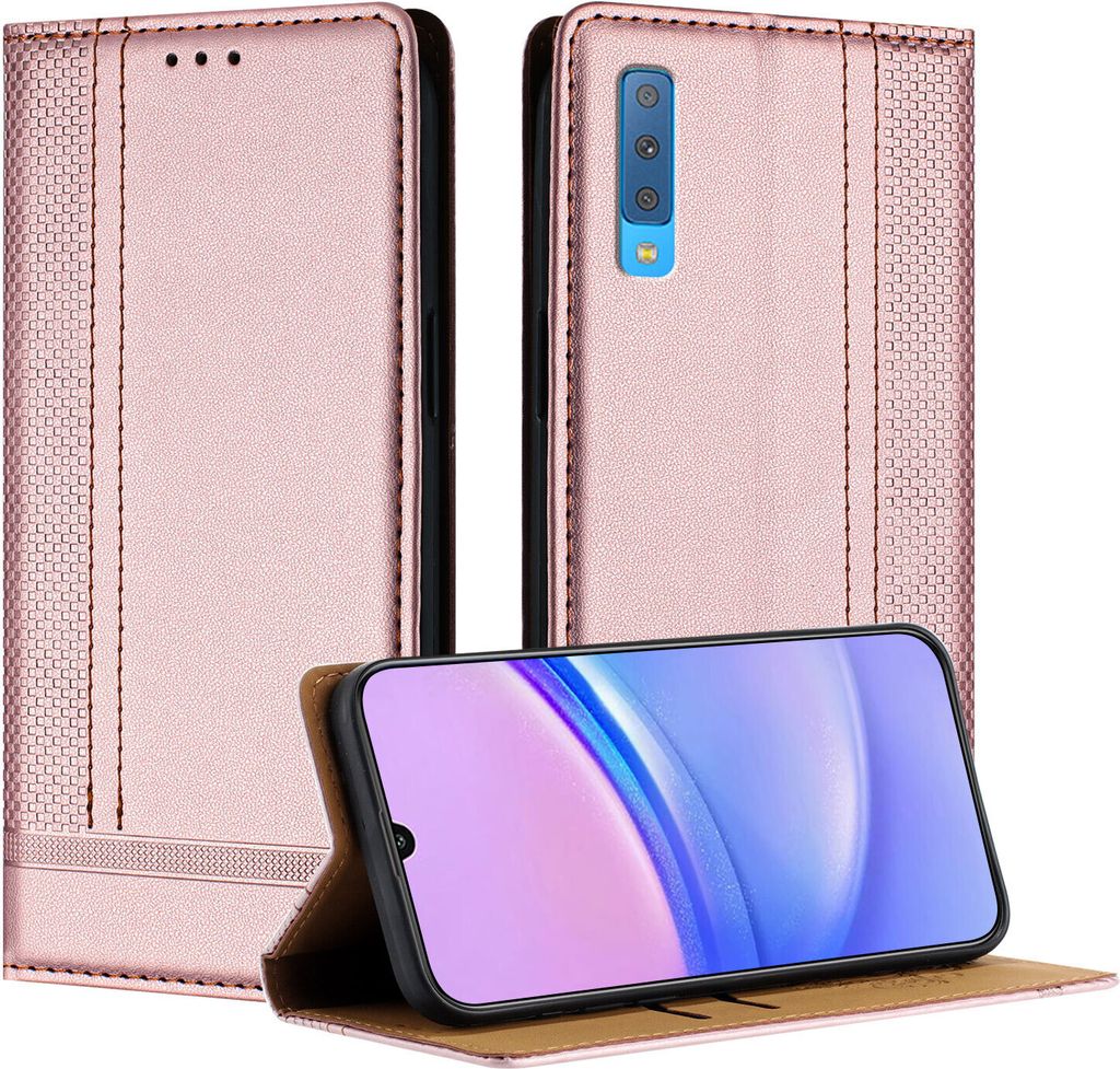 Handyhülle für Samsung Galaxy A7 2018 Leder Flip Klappbare Schutzhülle mit Standfunktion Pink