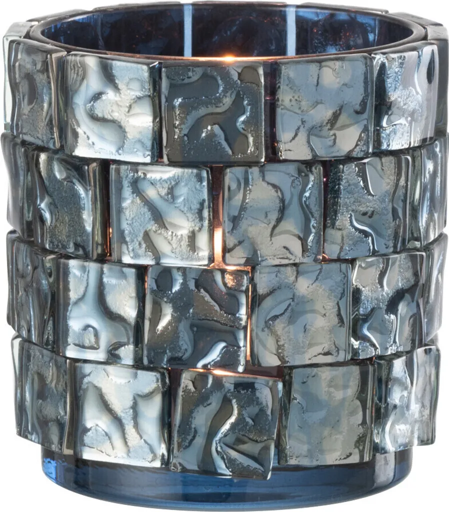 J-Line Bougeoir Carré Mosaïque Verre Bleu Foncé Large 15x15cm Déco