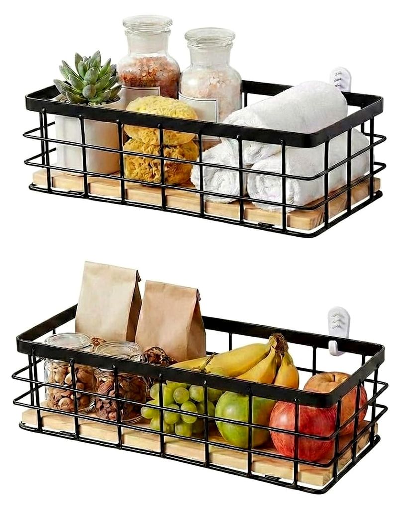 Drahtkorb aus Metall, Badezimmer Aufbewahrungskorb, schwarzer Dekokorb, Wandkorb für Haushalt, Korb mit abnehmbarem Holzsockel für Küche und Spe...