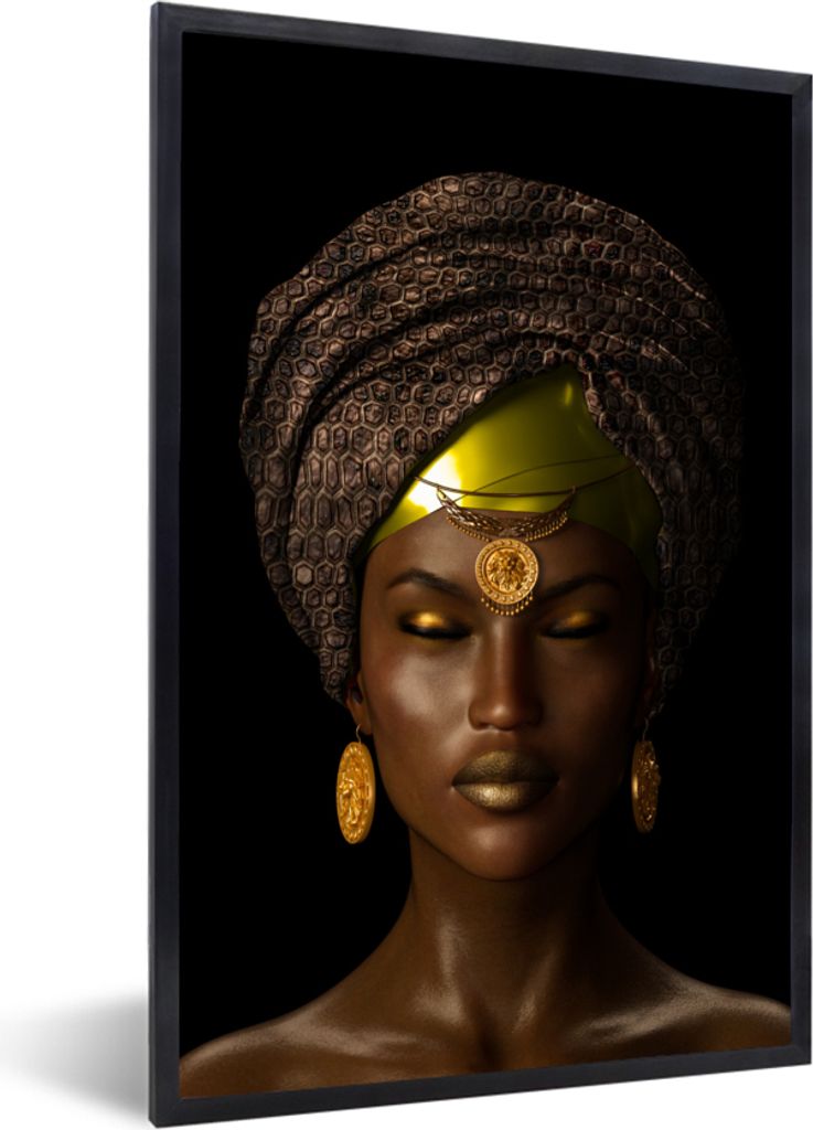 MuchoWow MuchoWow Gerahmtes Poster Frau - Kopftuch - gelb 60x90 cm - Poster mit zchwarzem Bilderrahmen - Kunst